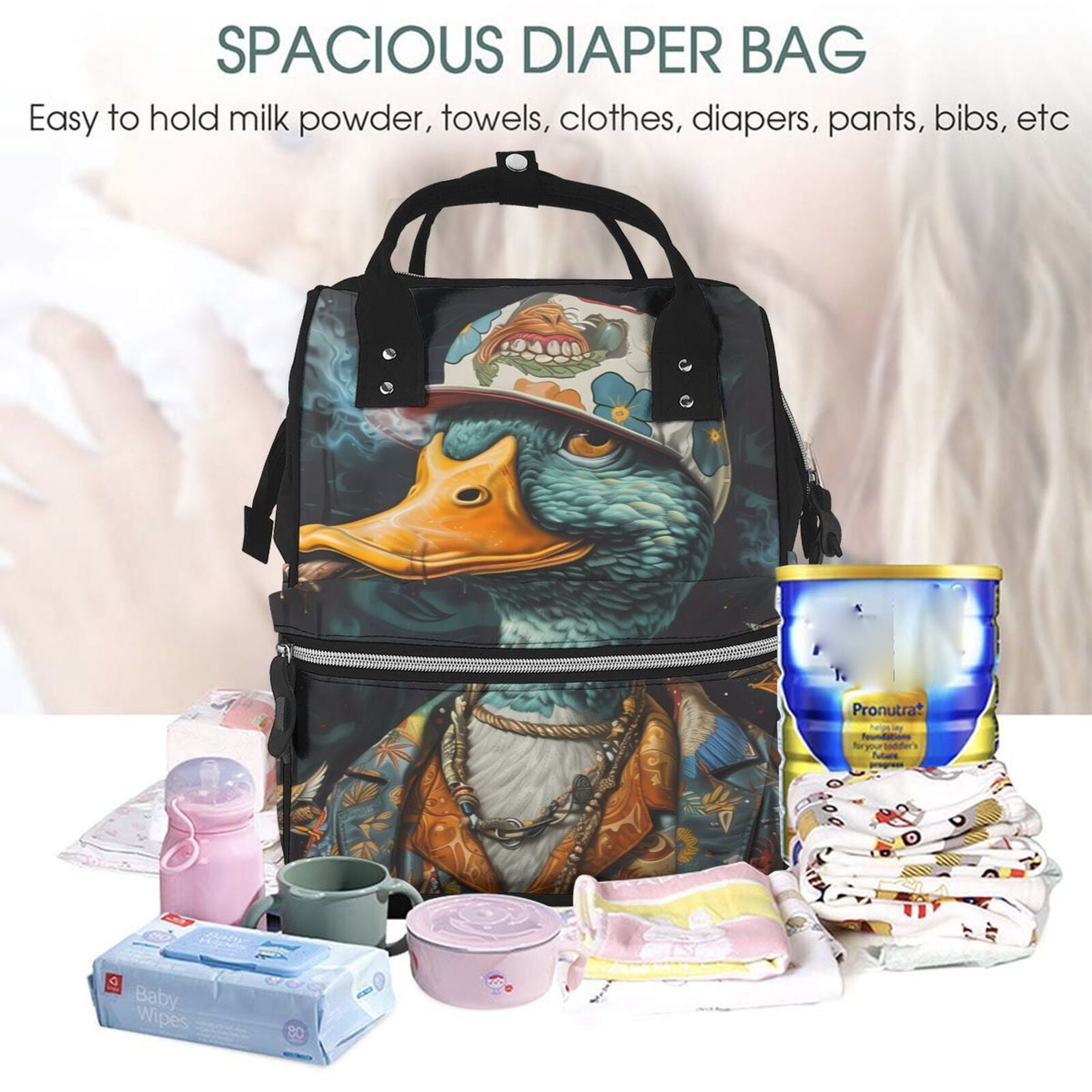 Fuzoiu Hip-Hop Duck Print Diaper Bag Backpack,Baby Essentials Travel Tote,Multi function Waterproof Diaper Bag, Travel Essentials Baby Bag - Unisex