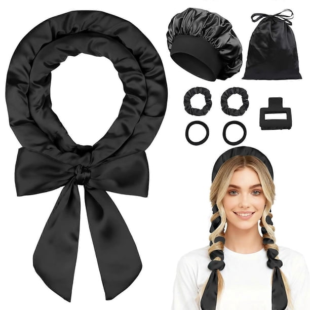 Rizadores de pelo sin calor de 70 pulgadas para cabello largo, set para rizar el cabello durante la noche sin calor con gorro de satén suave, 8 piezas, color negro.