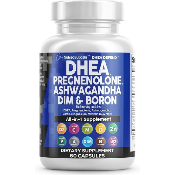 DHEA 200mg Supplement Pregnenolone 100mg for Men & Women with DIM Ashwagandha Boron 6mg Complex Calcium Magnesium Zinc 50mg Vitamin D3 5000 iu Hormone Support Capsules Pills - Made in USA 60 Ct