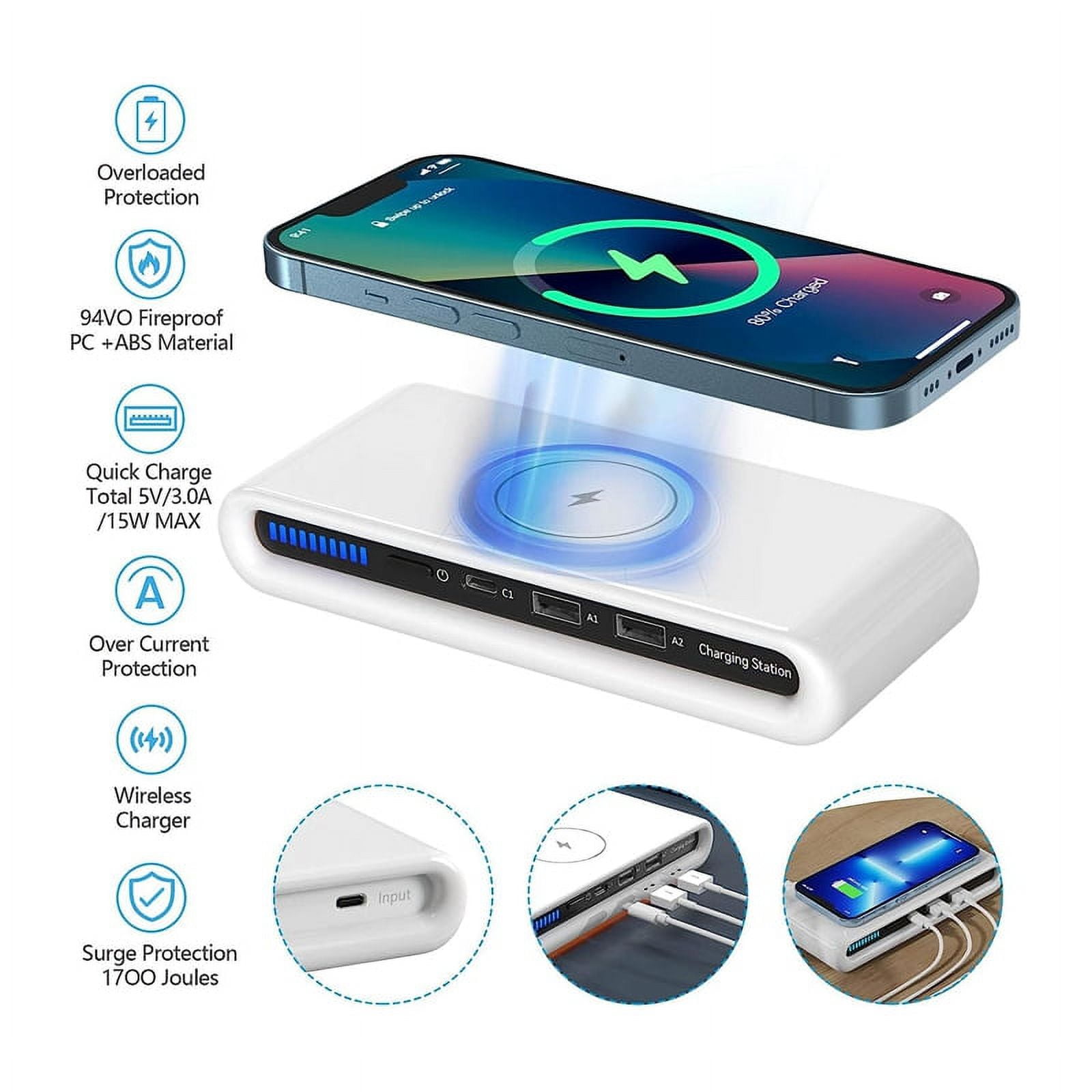 Portable Wireless Charger, 4-In-1 Multiport Wireless Charger Qc3.0 Fast Charge Dual USB Wireless Charger for Home Trave