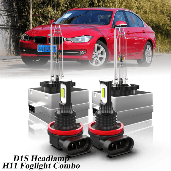 Fit for BMW 328i 2009-2013 – D1S Xenon Headlight H11/H9/H8 LED Foglights Bulbs Combo 4 Pack, 6000K Diamond White 3800LM Super Bright, Auto Headlamp Upgrade Set