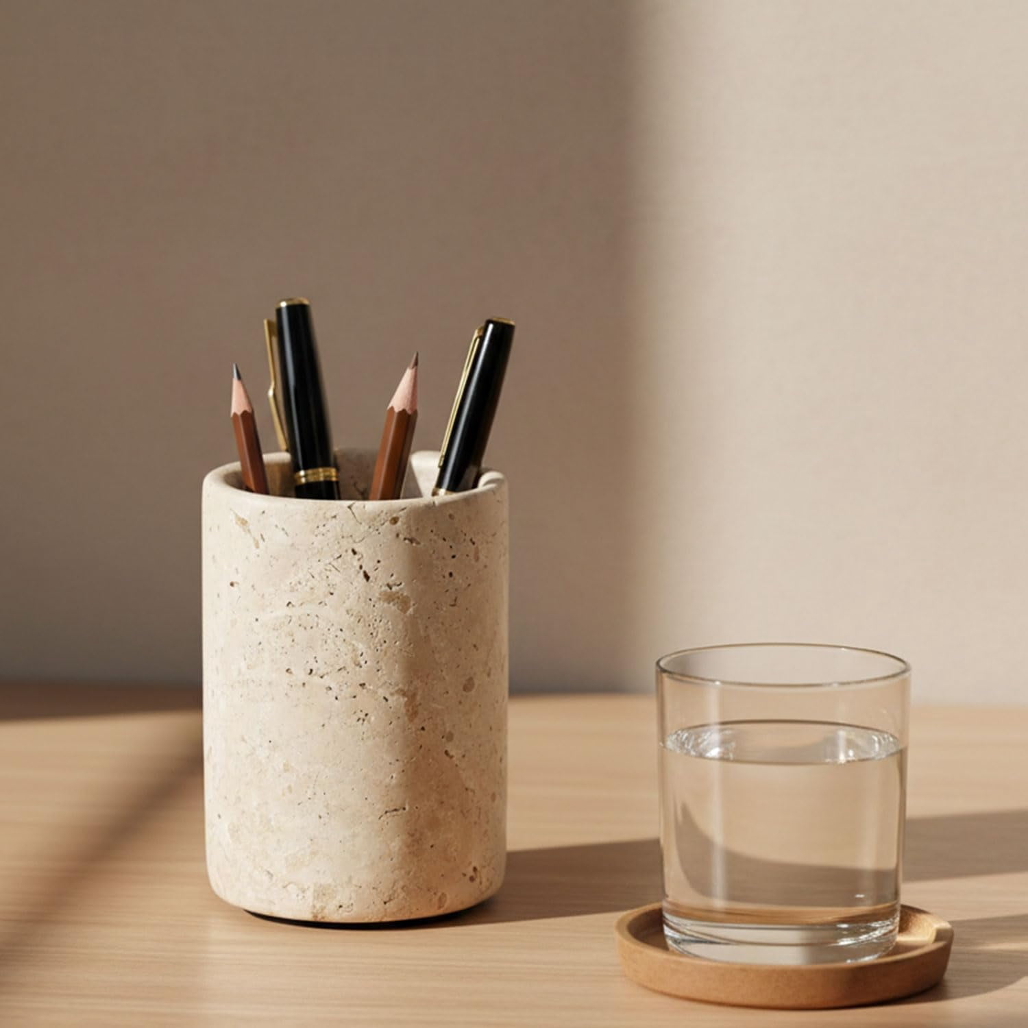 Radicaln Travertine Marble Stationary Holder 4" – Pencil Stand for Desk, Makeup Brush Holder, Toothbrush Organizer, Office Supplies Caddy, Minimalist Décor