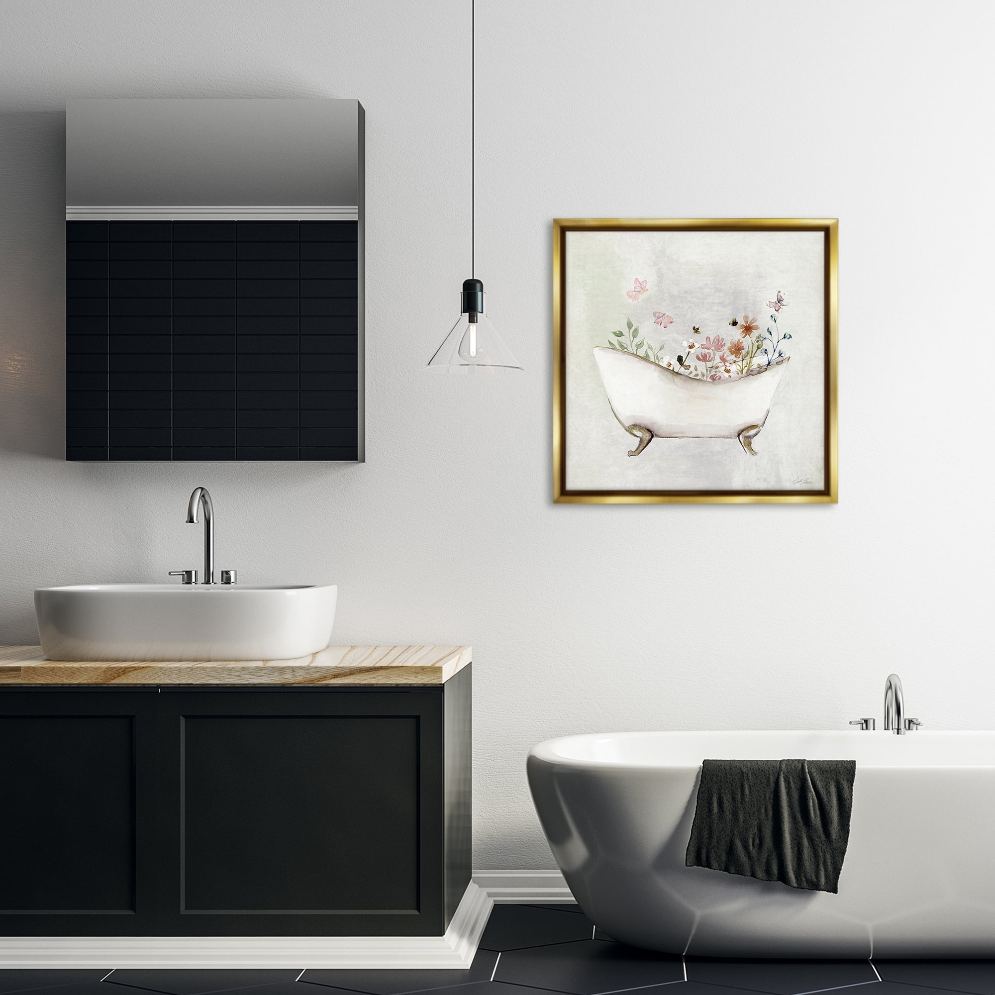 Stupell Industries Butterfly Floral Bath Typography Painting Gold Floater Framed Canvas Art Print Wall Art, 25 x 25