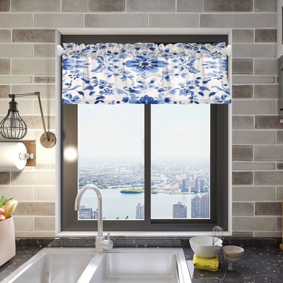 BZSMCE Alance Curtains Blue Art Flower Pattern Design Modern Style Pattern Window Curtain Valance 52W" x 18L" for Kitchen Living Room Bedroom