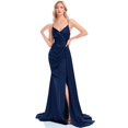 thumbnail image 1 of Lucyinlove-Vestido largo azul marino para mujer, prenda de satén suave de lujo con cuello en V y abertura, vestido de noche con cinta para dama de honor, 1 of 5