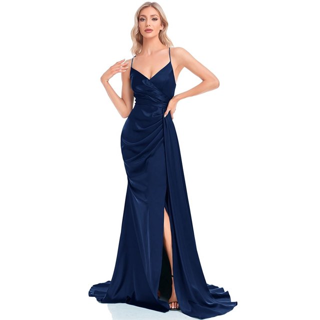 Lucyinlove-Vestido largo azul marino para mujer, prenda de satén suave de lujo con cuello en V y abertura, vestido de noche con cinta para dama de honor