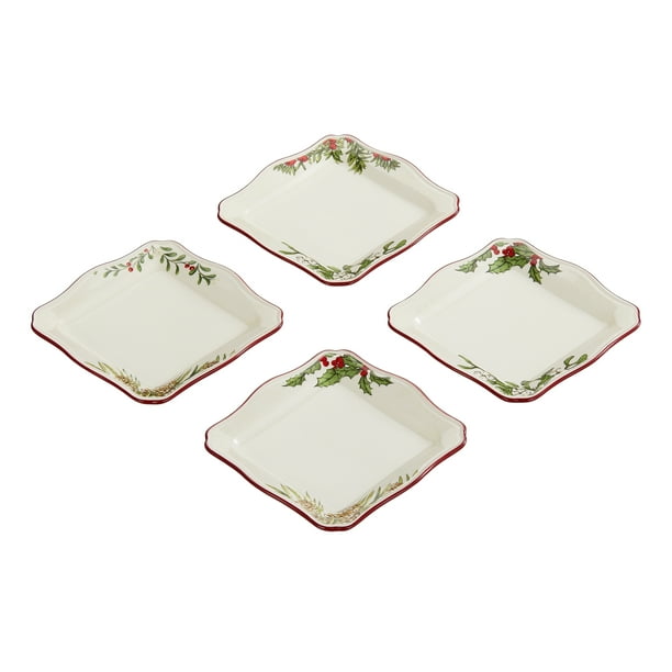 Better Homes & Gardens BHG Heritage Christmas Appetizer Plate, Set of 4, BH&G Square Appetizer