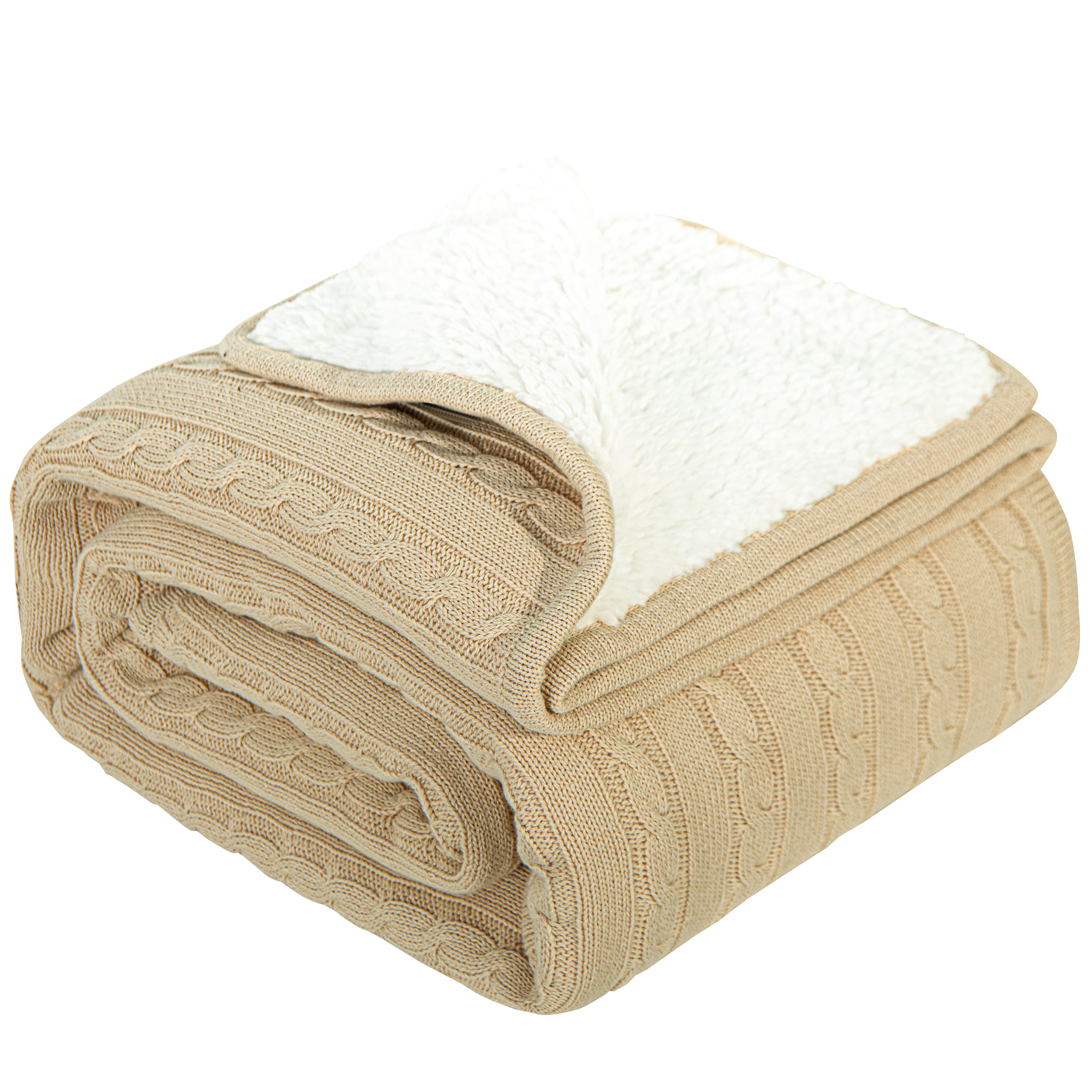 Ntbay Cotton Cable Knit Sherpa Throw Blanket for Couch, Soft Warm Fleece Knitted Throw for Bed, Sofa, Chair - Extra Cozy, Machine Washable, Comfortable Home Decor, 51"x67", Khaki
