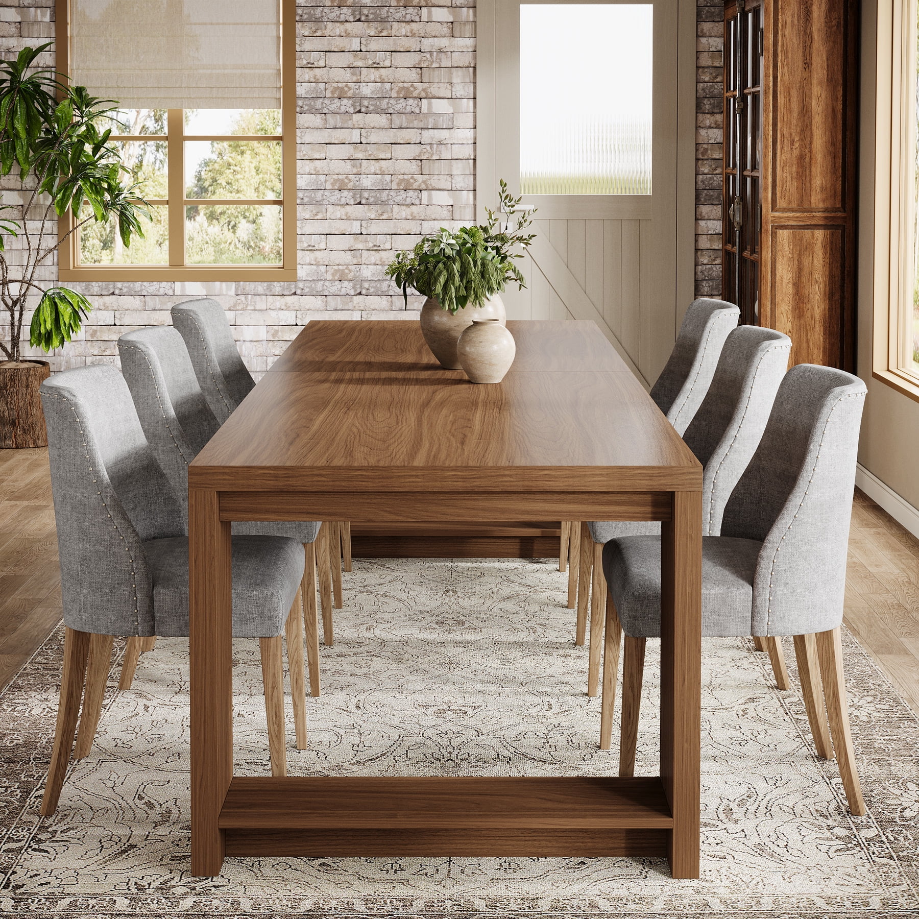 Tribesigns 86.61-inch Extra Long Dining Table for 6-8, Farmhouse Narrow Kitchen Table with Sturdy Legs, for Living Room, Dining Room, Walnut