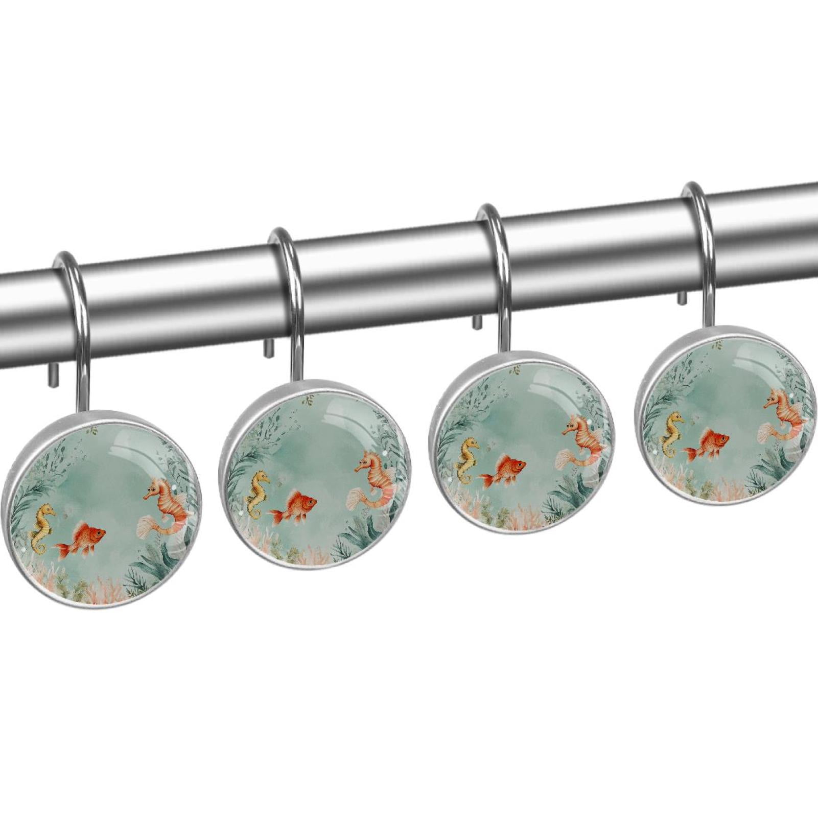 Underwater Seahorse Fish Shower Curtain Hooks Round Crystal Glass, Set of 12 Shower Curtain Rings - Shower Hooks for Curtain Shower Rings