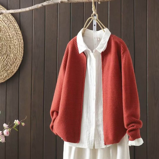 BLCHUNen Chandails pour Femmes Tricot Côtelé Fermeture Éclair Complète Col Rond Tenue Décontractée Automne Hiver Chaude Manches Longues