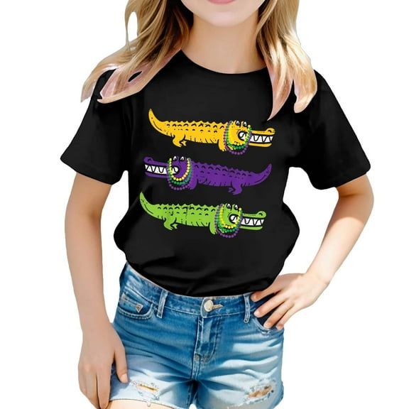 Girls Tshirts Summer Casual Alligators Print Round Neck Short Sleeve Tees Girls Tops Black 3-4 Years