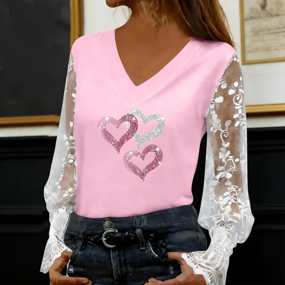 Blmnix Womens Blouses Dressy Pullover Lace Valentine Outfit V-Neck Pink Long Sleeve Y2k Shirts