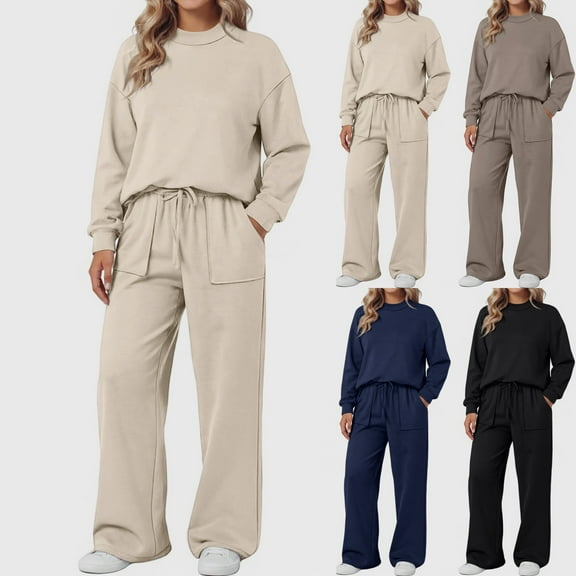 Women's Round Neck Sweatshirt Wide Leg Sweatpants Casual Suit Sportswear Set, for Winter Lounge and Sports Activities,Beige,L