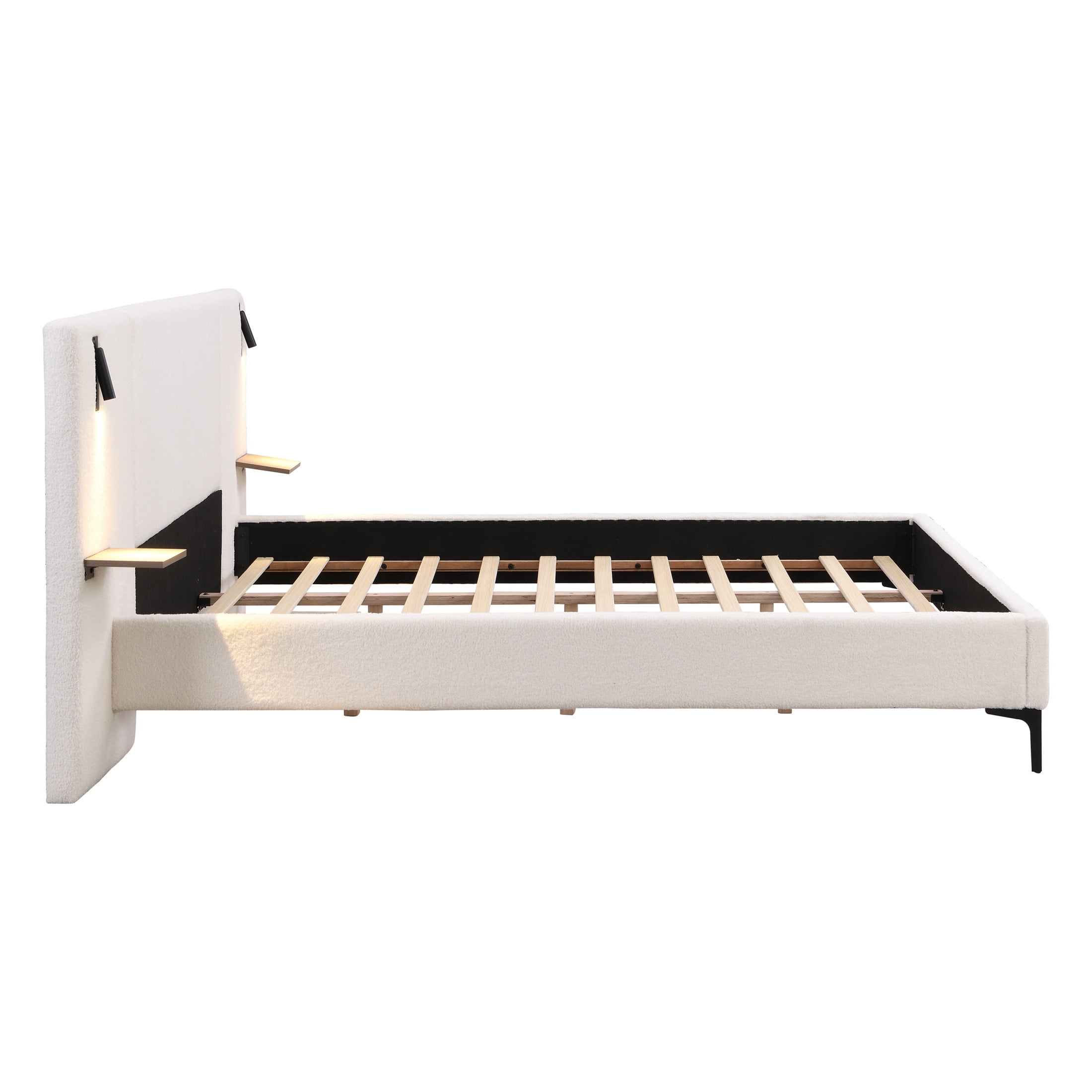 Christopher Knight Home Boucle Upholstered King Platform Bed with Reading Lights and Headboard Shelves, White