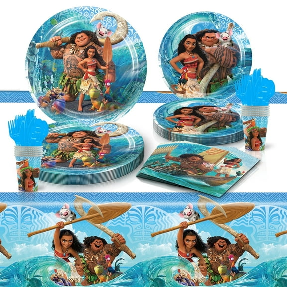 81 Pcs Ocean Princess Moanaa Party Tableware Set, Birthday Party Supplies, Table Cover,Paper Plates, Napkins, Cups, Knives, Spoons and Forks