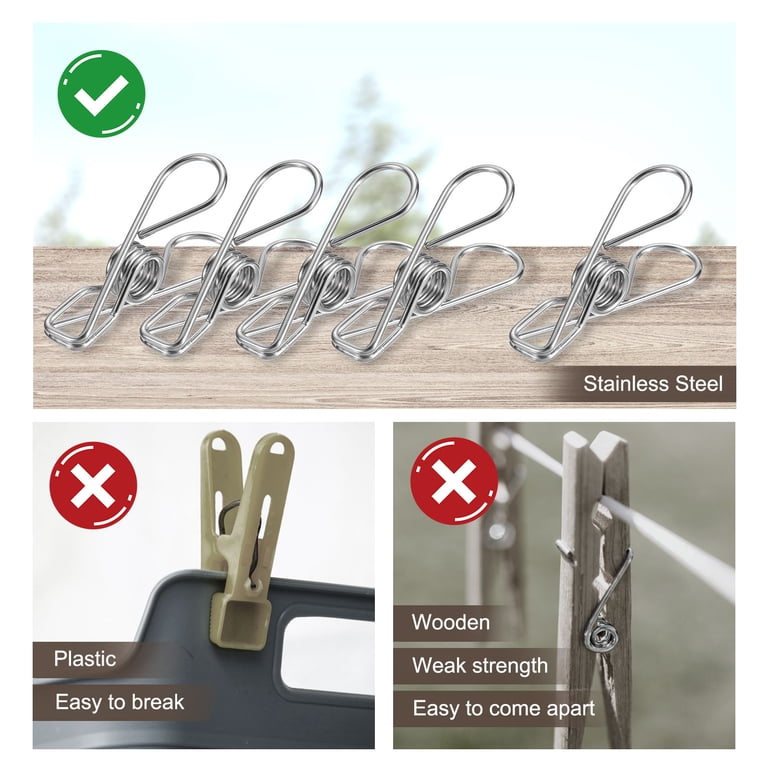 Uxcell 20-Pack Stainless Steel Clothespins With Hooks | 92mm Silver Hanging Clips For Laundry, Photos, Storage
