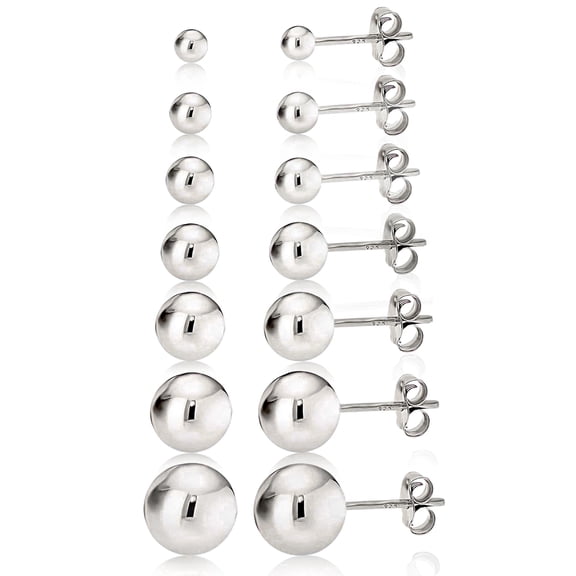 Kezef Women's 925 Sterling Silver High Polish Round Ball Stud Earrings, 7-Pair Set, Sizes 2mm to 8mm