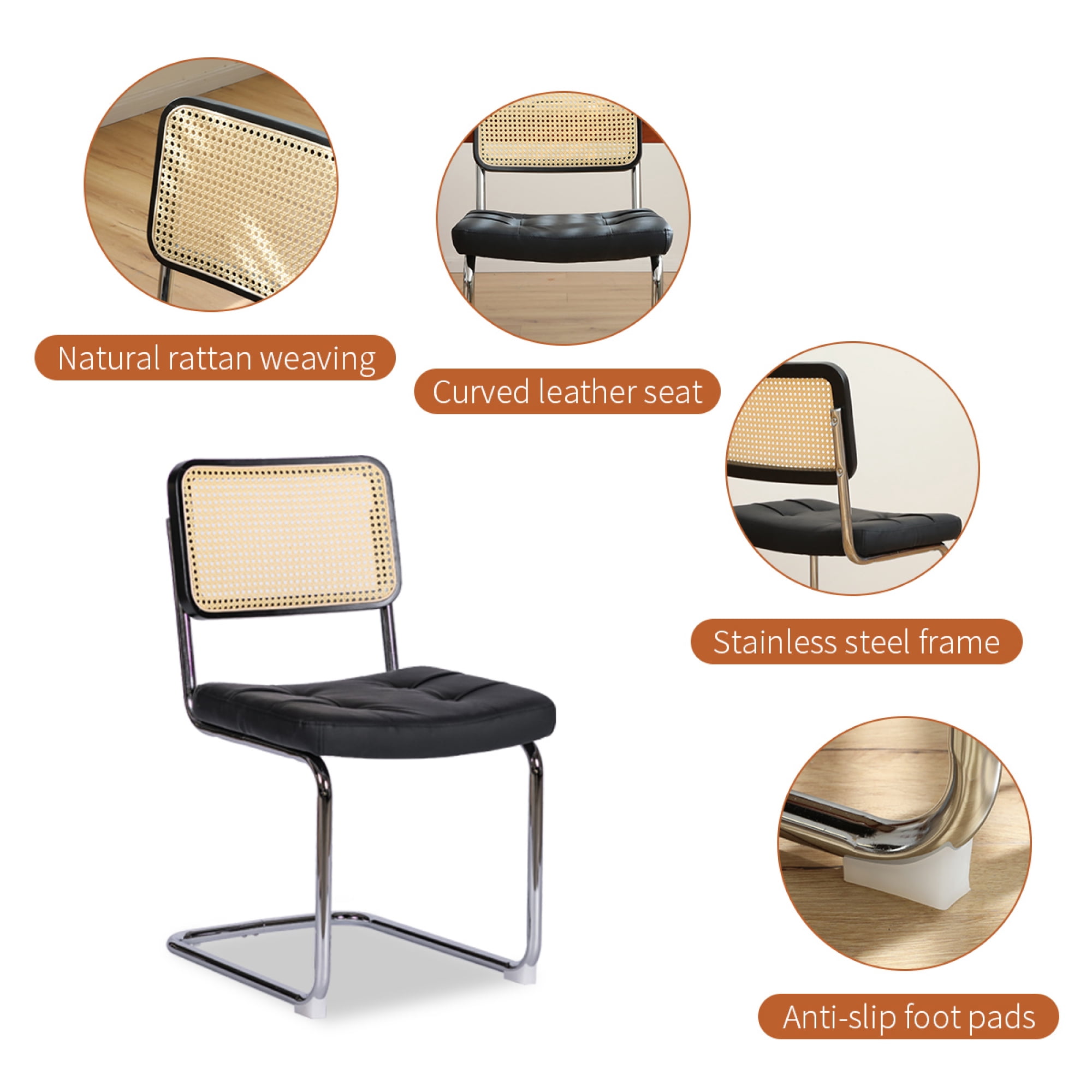 Leumius Set of 2 Dining Chairs, Faux Leather Rattan Side Accent Chairs with Chrome Legs, Modern Mid Century Breuer Designed Chairs for Dining Living Room Kitchen (Black)
