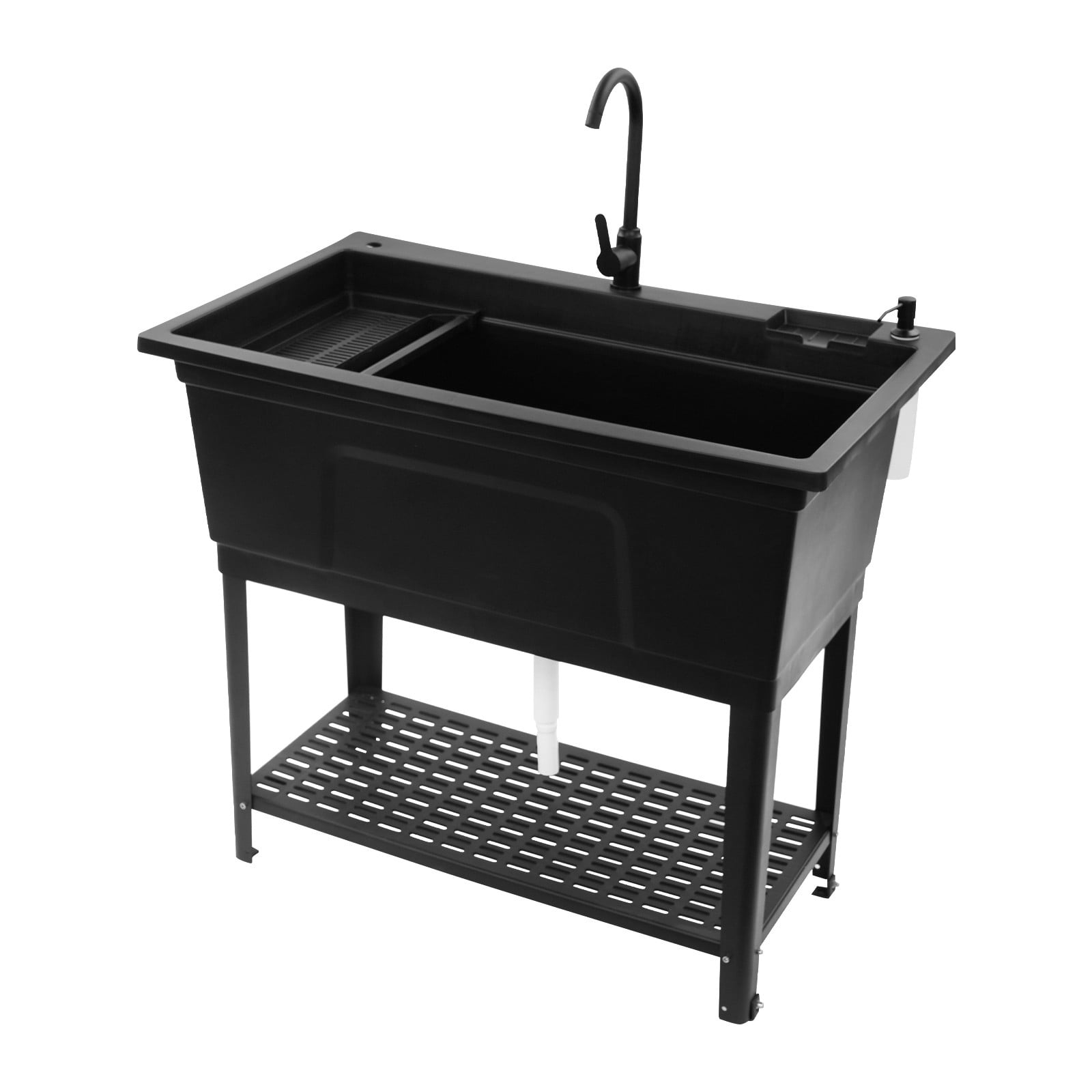 Freestanding Utility Sink for Homes Business, Heavy Duty Plastic Laundry Tub and Kitchen Sink with Faucet Soap Dispenser Black