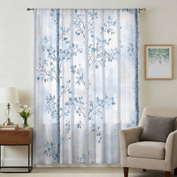 Blue Grey Forest Sheer Curtains 84 Inches Long, Watercolor Blue Ombre Leaves Light Filering Curtains, Breathable Simi Curtain Privacy Drapes for Living Room Bedroom Lightweight Window Treatment