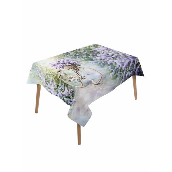 Purple Lavender Rectangle Tablecloth, Green Leaves Spring Bike Botanical Waterproof & StainResistant Tablecloth, Washable Oil-proof Table Cover for Dining/Party/Wedding/Camping/Buffet 60x84 In