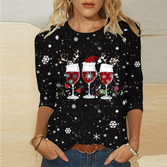 ZRGHAOYLQ Christmas 3/4 Sleeve Shirts for Women Merry Christmas Holidays T Shirts Christmas Wine Glasses Print Pullover Shirts Comfy Christmas Crewneck Shirts Tops