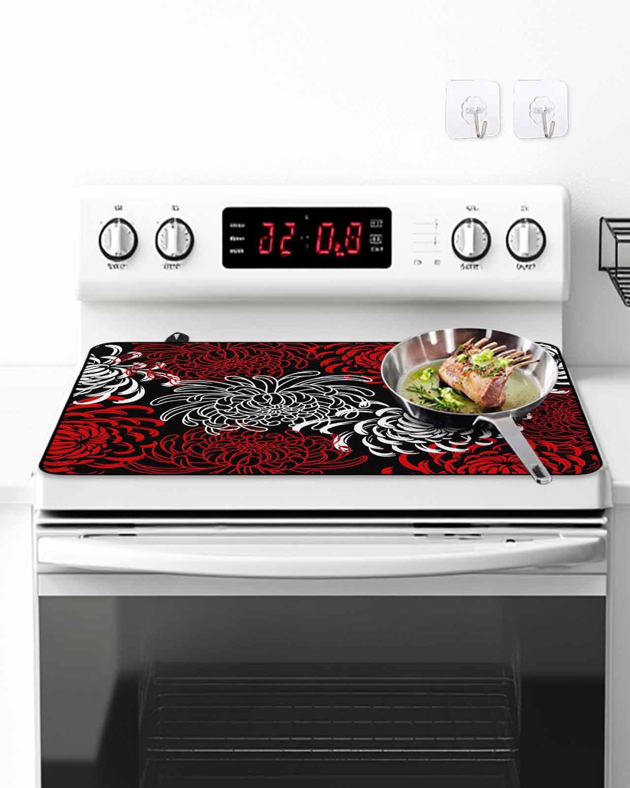 Stove Top Covers for Electric Stove, Red White Glass Stovetop Cover Protector, Abstract Black Chrysanthemum Flower Floral Induction Cooktop Protector Oven Mat for Kitchen Countertop 36"x21"