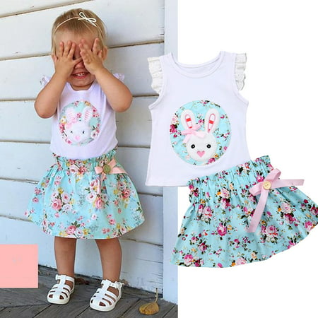 XIAXAIXU Toddler Baby Girls Kids Easter Floral Ruffle Sleevless Tops + Tutu Skirt 2Pcs Outfit Clothes Set