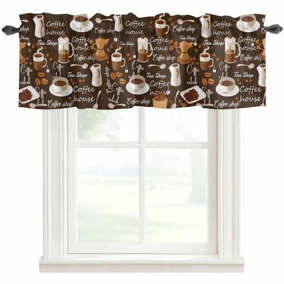 Coffee Rod Pocket Curtain Valance, Brown Retro Coffee Theme Beans Latte Tea Cup Farmhouse Window Valance for Living Room, Bedroom, Kitchen 42"W x 12"L