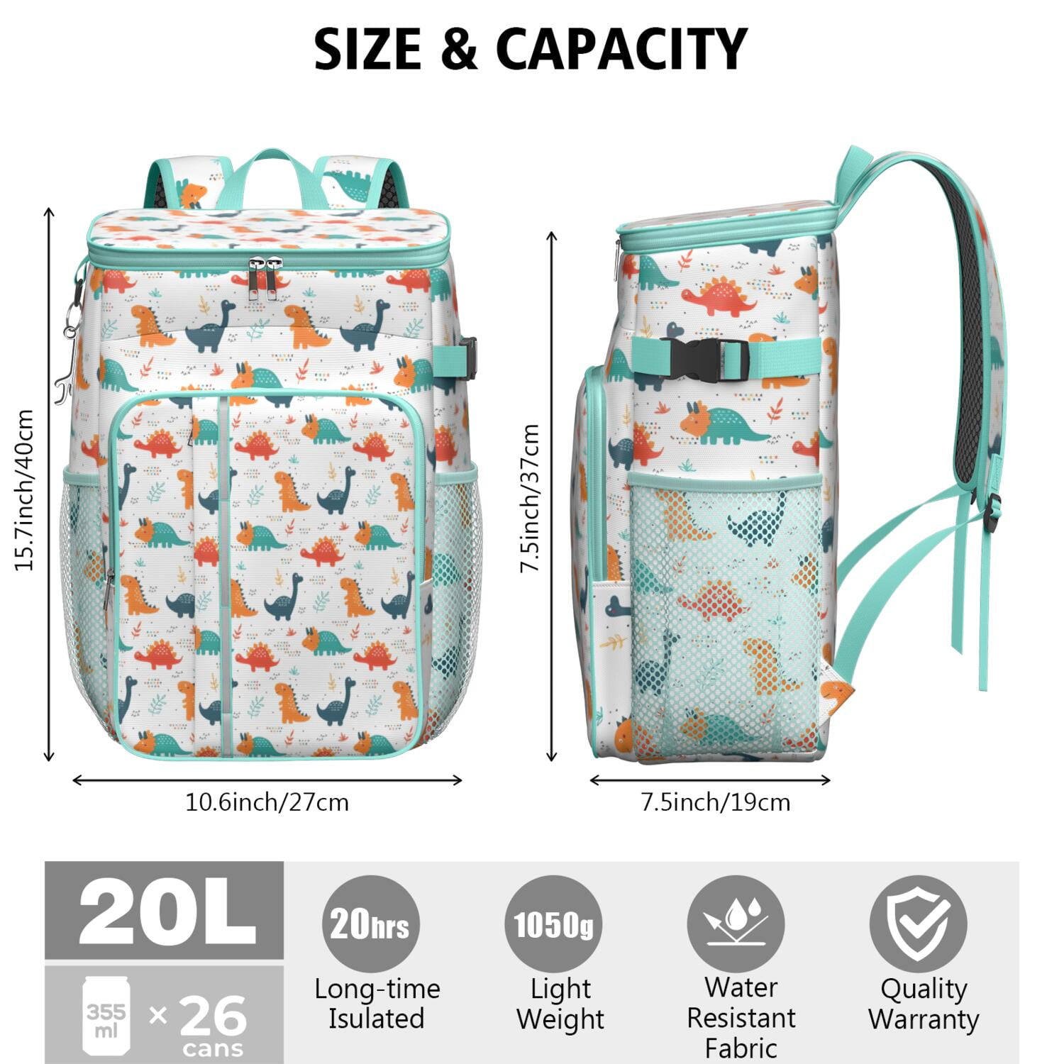 Travel Cooler Bag - White Cartoon Dinosaurs Pattern Camping Beer Cooler Backpack with Bottle Opener- Waterproof Insulated Picnic Backpacks - Cooler Bag for Beach