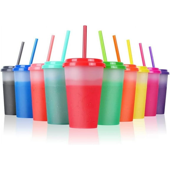 Plastic Kids Cups with Lids and Straws - 10 Pack 12 oz Reusable Tumbler with Straw | Color Changing Cup with Lid Adults Bulk Travel Tumblers Drinking Cups for Cold Coffee