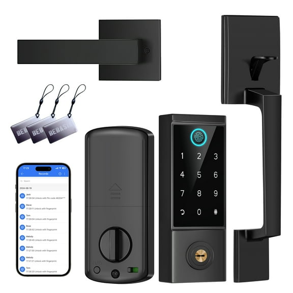Smart Door Lock with Front Door Handle Set, Heavy Duty Fingerprint Handleset, Keyless Entry Smart Deadbolt for Front Door, Bluetooth Keypad Digital Lock Black
