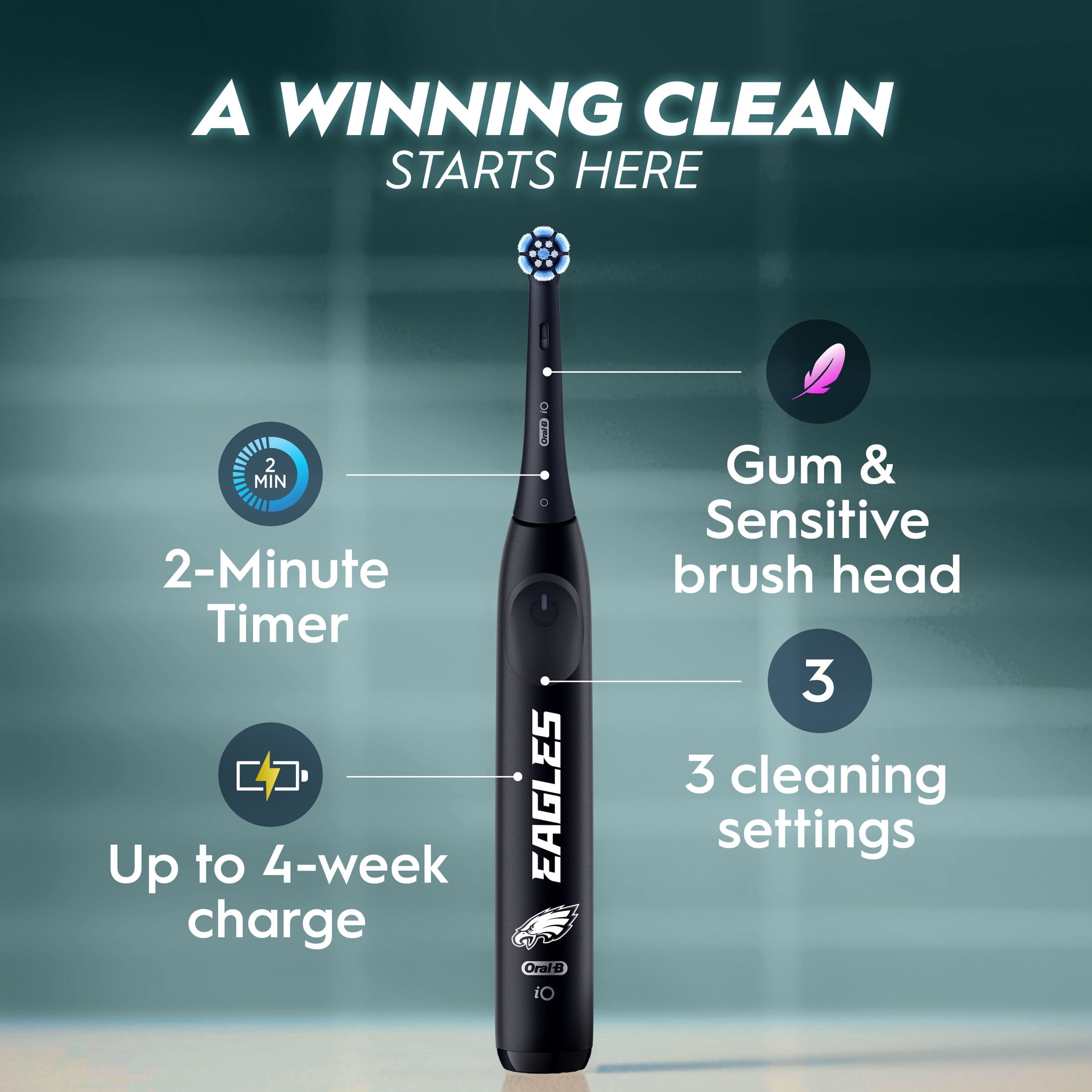 Oral-B Rechargeable Electric Toothbrush,NFL Philadelphia Eagles Edition iO2, 3 Cleaning Modes, Automatic Pressure Sensor to Protect Gums