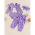 thumbnail image 3 of RUINIXCW Newborn Baby Girl Halloween Outfit Infant Girls Fall Winter Clothes Ghost Embroidery Ribbed Long Sleeve Romper with Dot Pants Headband Set, 3 of 10