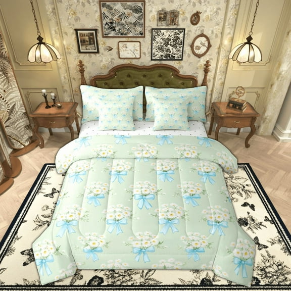 Manfei Blue Bowknot Groovy Twin Bedding Sets 7-Piece, Rustic Flower Floral Bedding Comforter Set, Teens Girls Female Kids Reversible Sheet Sets, Ultra Soft Home Decor