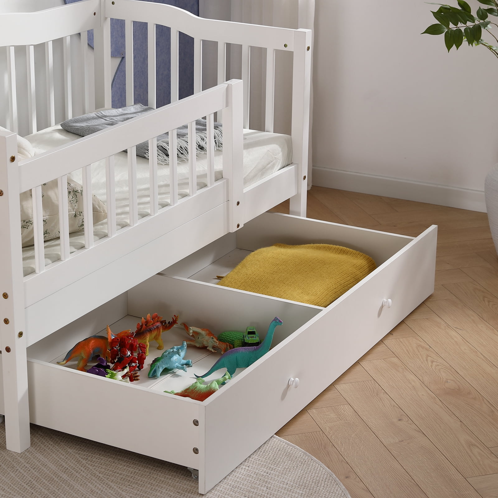 Ktaxon Toddler Daybed with Storage Drawers, Wood Kids Platform Bed Frame with Rails, No Box Spring Needed, Easy Assembly - White