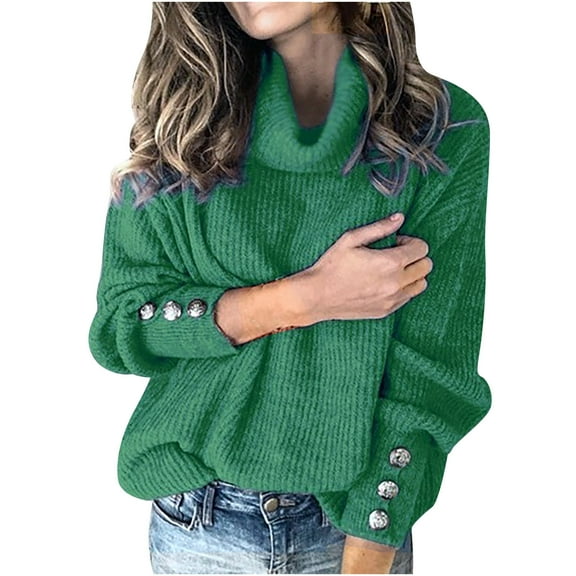 Htigea Women's Plus Size Turtleneck Sweaters Baggy Long Sleeve Buttons Pullover Solid Fall Winter Knit Jumper Tops Green S