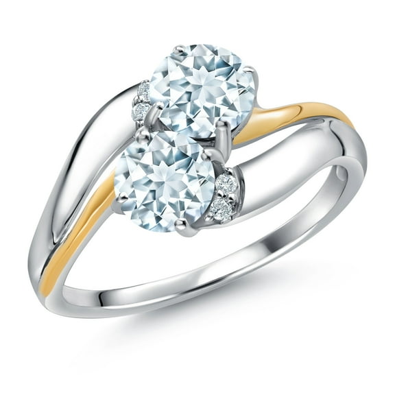 Gem Stone King 925 Sterling Silver and 10K Yellow Gold Sky Blue Aquamarine 5MM Round 2 Stone and White Lab Grown Diamond Accent Ring for Women (1.03 Cttw, Gemstone March Birthstone, Size 8)