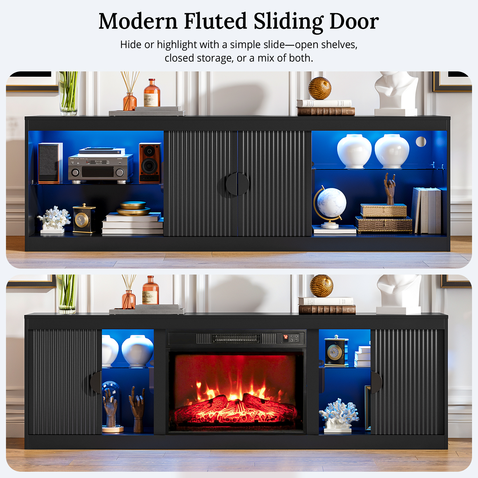 Holliwill 70" Fireplace TV Stand with LED Lights, Black photo 8