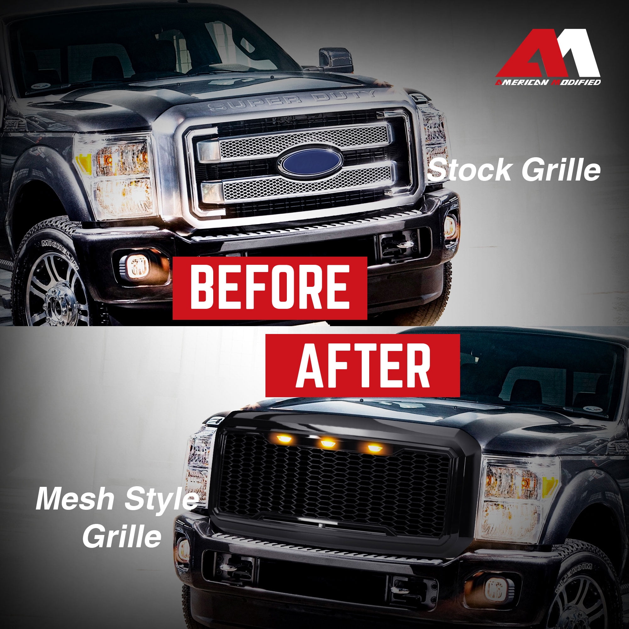 AMERICAN MODIFIED Front Grille for 2011-2016 Ford F250/350/450/550, Glossy Black