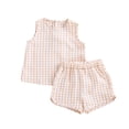 thumbnail image 3 of FINALGANG Girls Kids Summer Casual Two Piece Outfit With Round Neck Sleeveless Gingham Checkered Top Elastic Waist Shorts For Toddler Daily Play Wear Versatile Set, 3 of 8