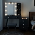 thumbnail image 3 of Vanity Set with Stool, Black Vanity Desk with Mirror, 5 Drawers and 2-Layer Shelves, LED Three-Tone Lighting, Particle Board With Triamine Coating, Solid Wood Legs With Copper Sheath Decoration, 3 of 6