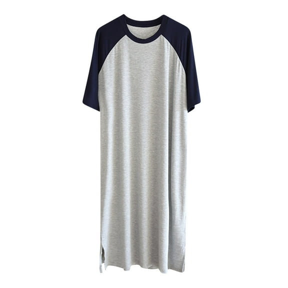 SROBPTY Mens Robes, Men's Loose Solid Round Neck Knee Length Thin Home Pajama Robes Blue XXXXL