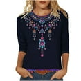 thumbnail image 5 of JTZGDY Women's 3/4 Length Sleeve Tops Dressy Casual Ruched Pleated Blouses Cute Floral Printed Crewneck Graphic T-Shirts Loose Curved Hem Tunic Fall Outfit Tshirts Clothes Navy#05 XL, 5 of 7
