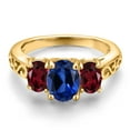 thumbnail image 3 of Gem Stone King 18K Yellow Gold Plated Silver Blue Created Sapphire and Red Rhodolite Garnet Filigree Style 3 Stone Ring for Women (2.60 Cttw, Oval 8X6MM and 6X4MM) (Size 6), 3 of 6