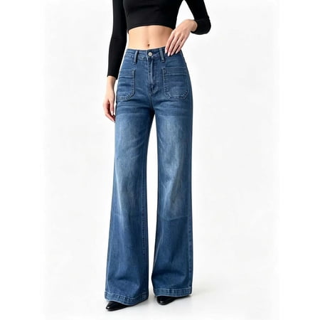 Women's High Rise Wide Leg Flare Jeans Vintage Washed Blue with Patch Pockets for Casual Street Blue