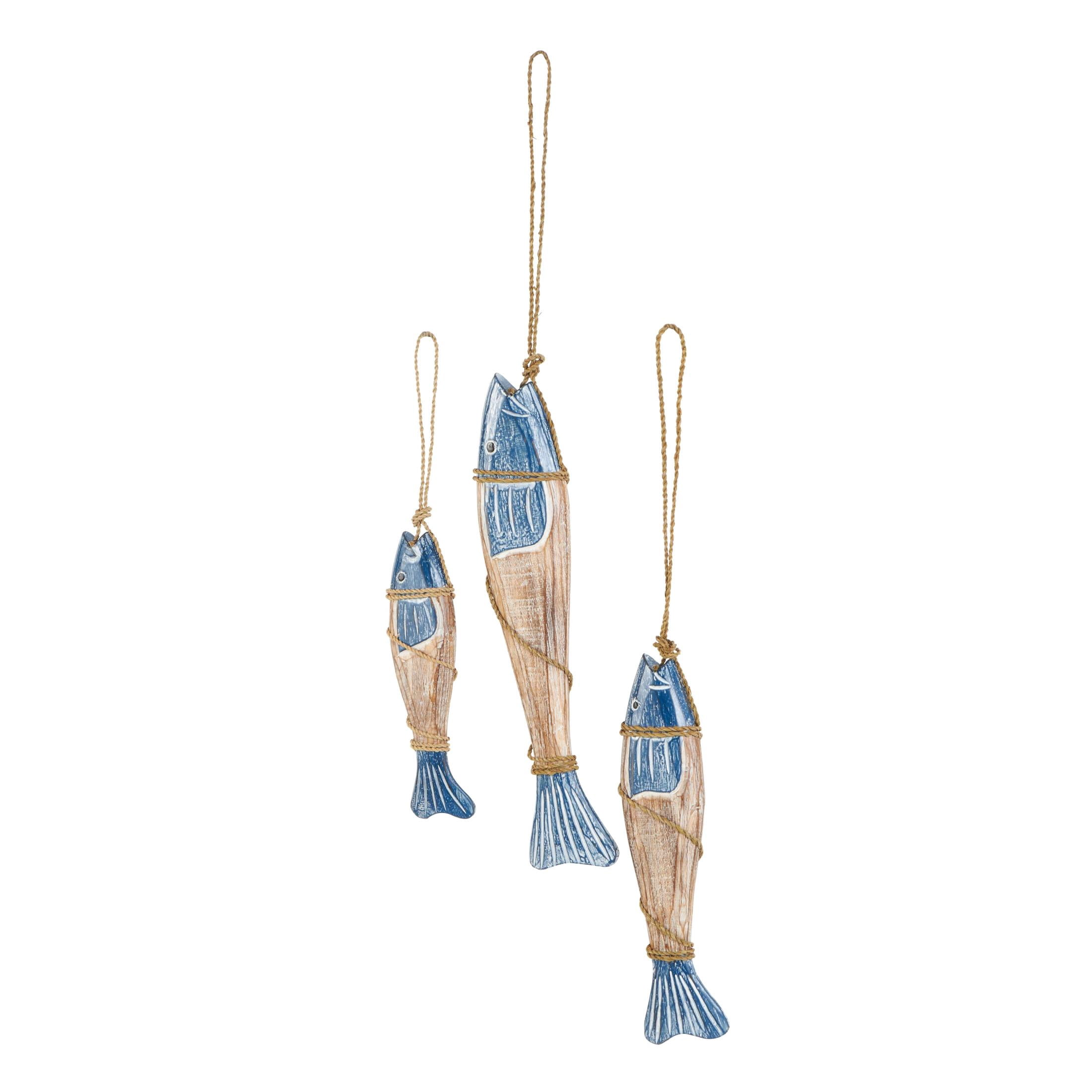 DecMode Blue Wood Handmade Fish Wall Decor with Wrapped Jute Hanging Rope (3 Count)