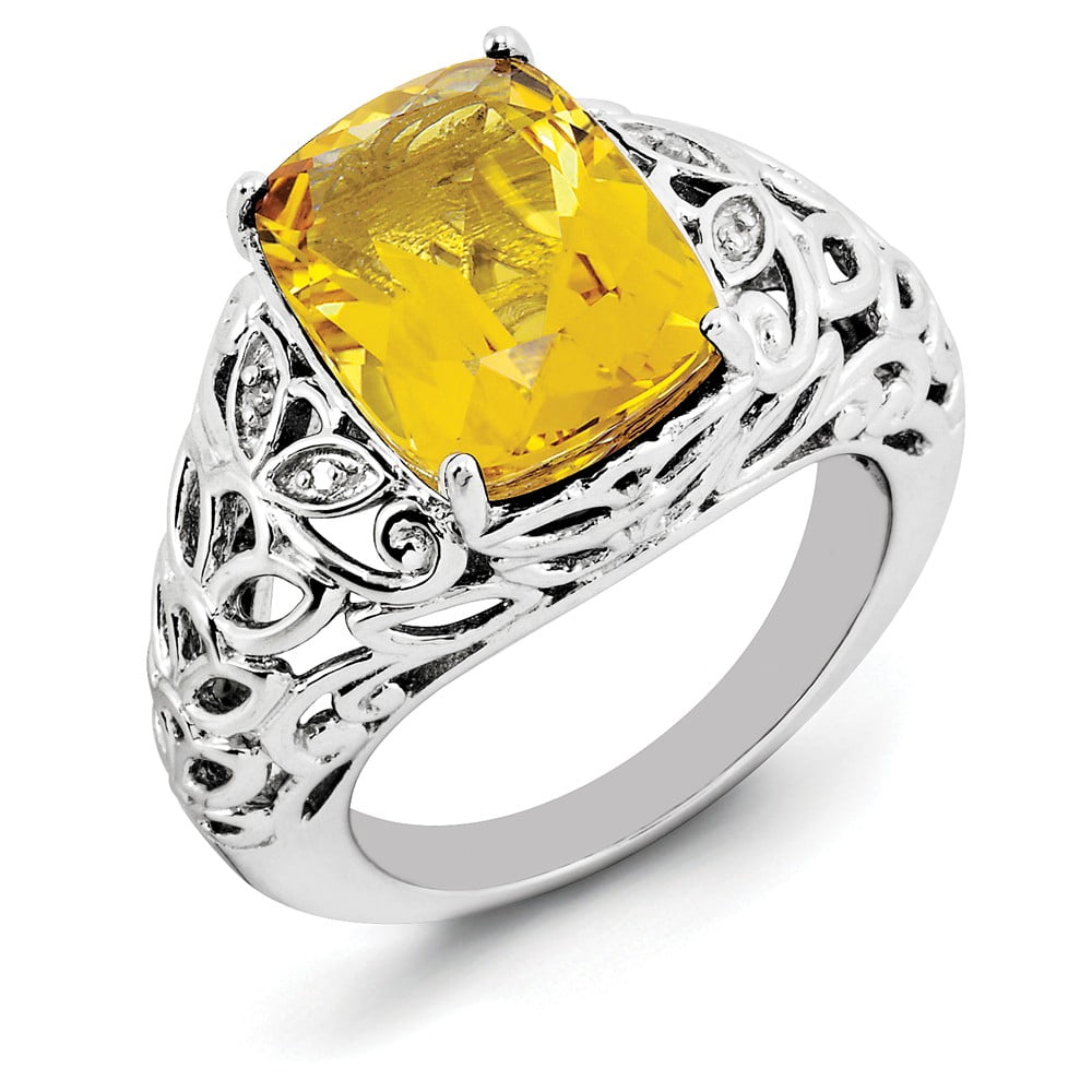 925 Sterling Silver Cushion Citrine and Diamond Ring Size-7 by