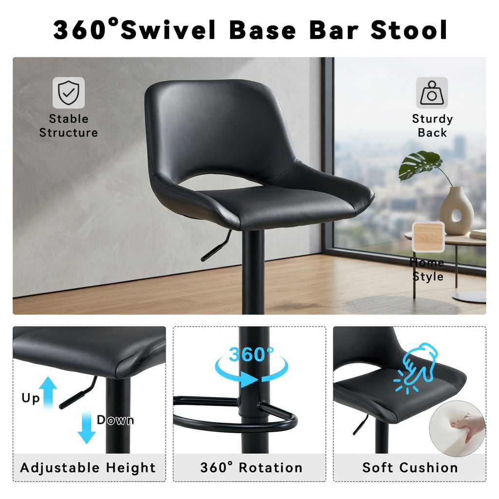 Hommoo 2-Pack Modern Swivel Bar Stools with Adjustable Height & Footrest. PU Leather, Metal Frame, for Kitchen Island, Home Bar, Counter Seating, Black
